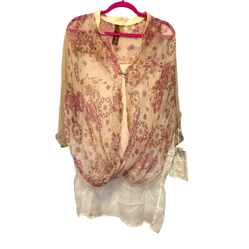 Sheer Floral Tie-Front Women’s Top in Cream and Pink